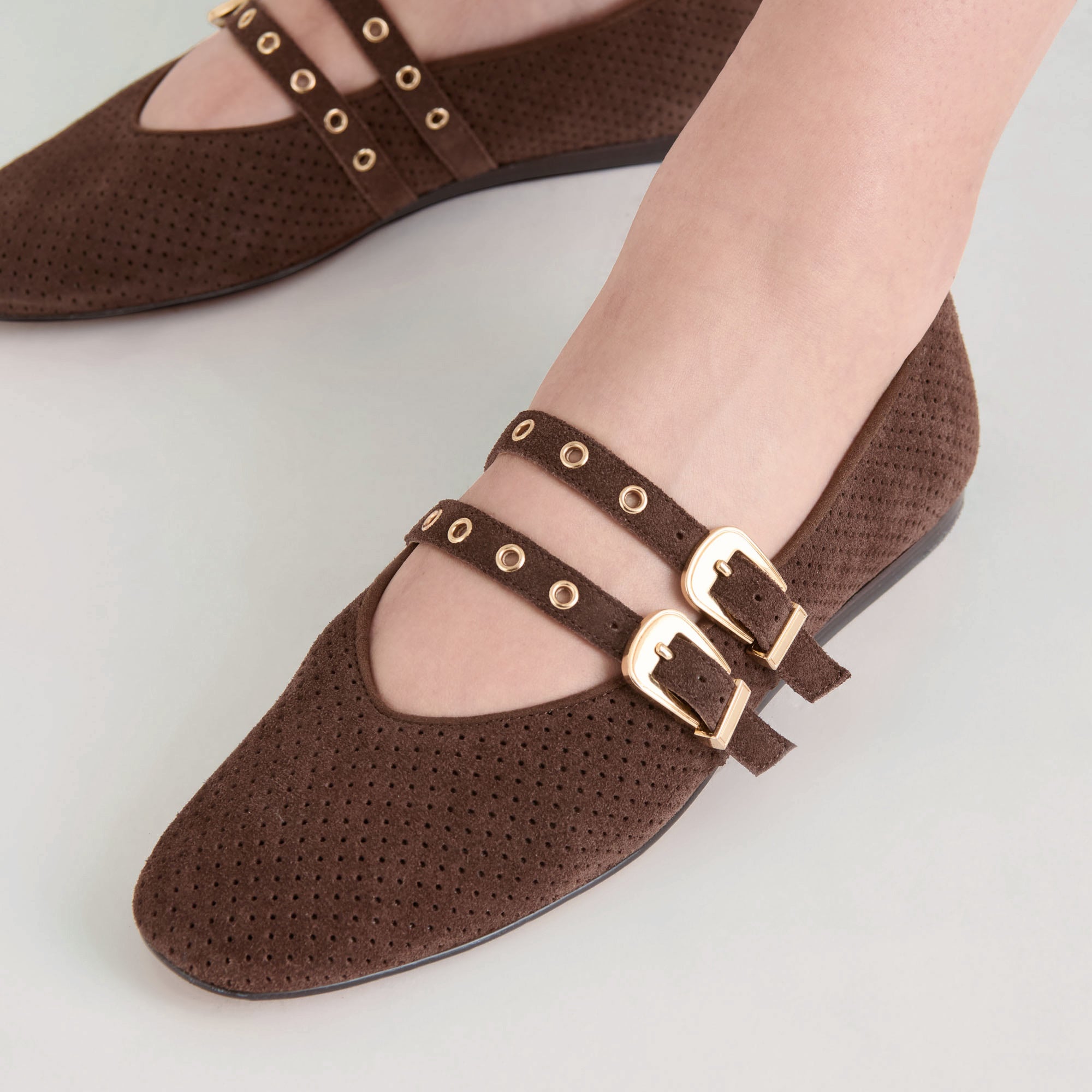 BAYLEE GROMMET BALLET FLATS DK BROWN PERFORATED SUEDE - Image 6