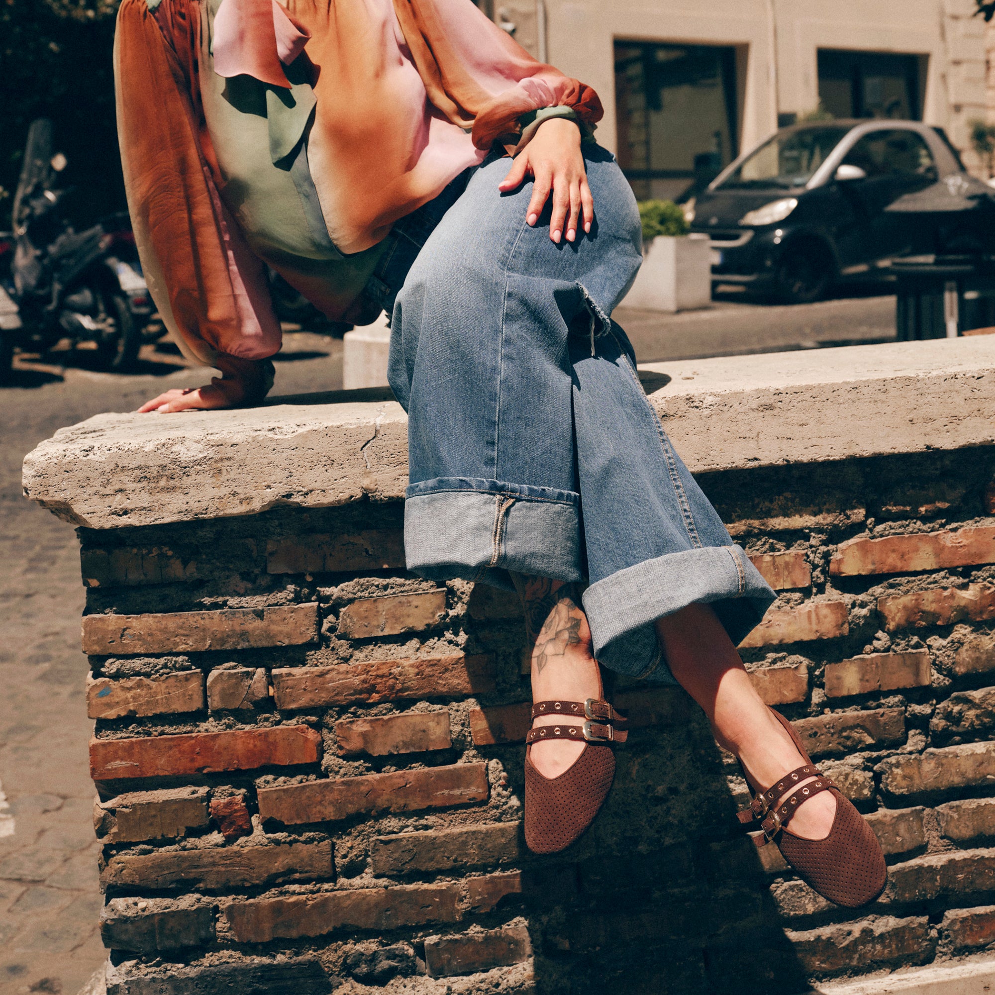 BAYLEE GROMMET BALLET FLATS DK BROWN PERFORATED SUEDE - Image 2