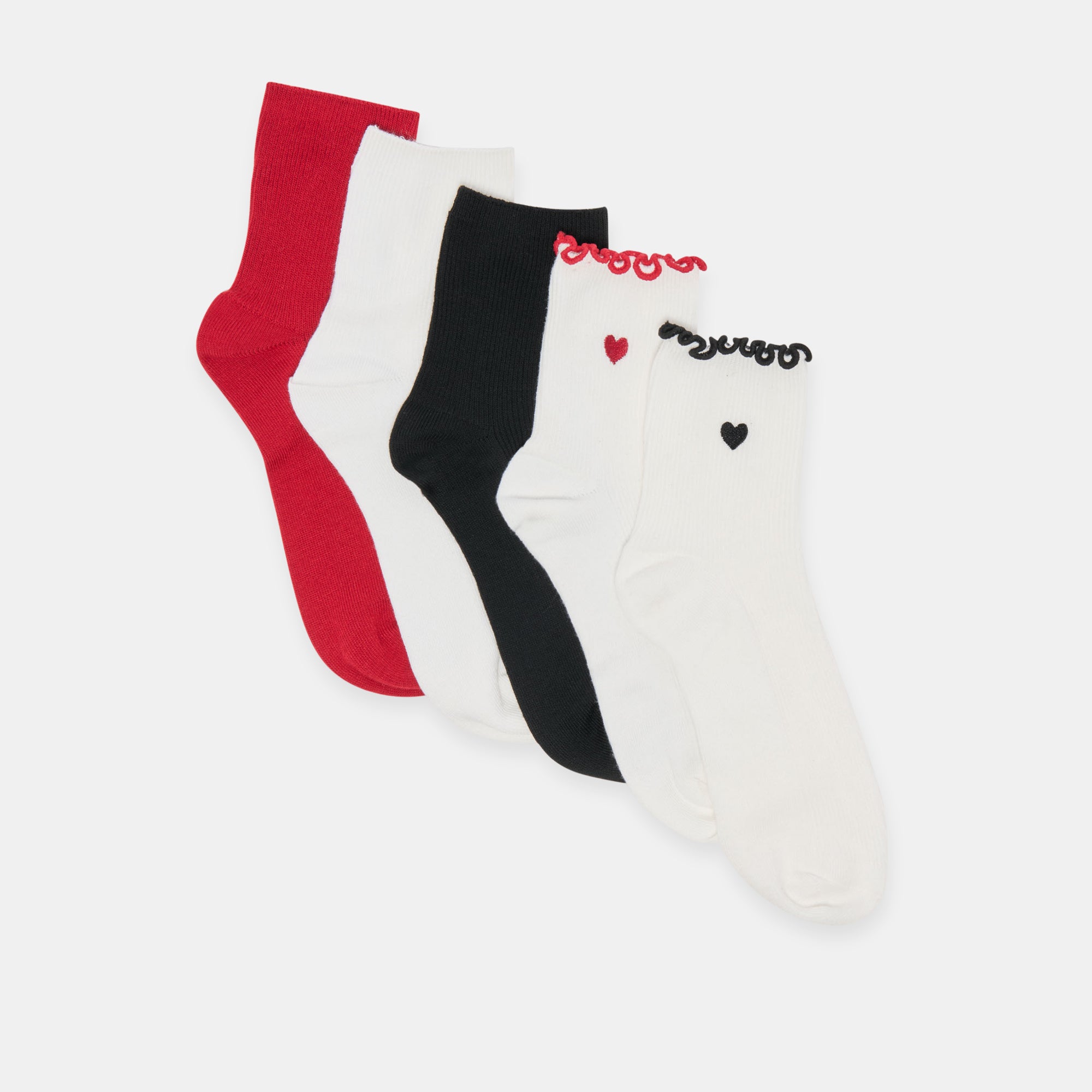 5 PACK EMBROIDERED RIB ANKLET SOCKS WHITE BLACK MULTI