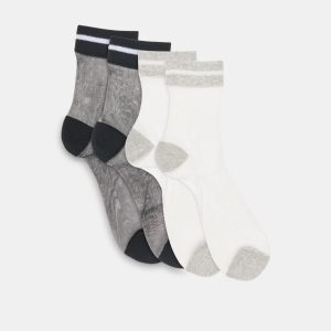 2 PACK SHEER STRIPE CREW SOCKS BLACK GREY